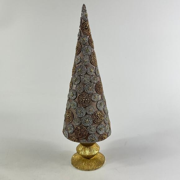Contemporary Beaded Gold Silver Tabletop Christmas Tree Handmade Holiday Decor - Picture 2 of 11